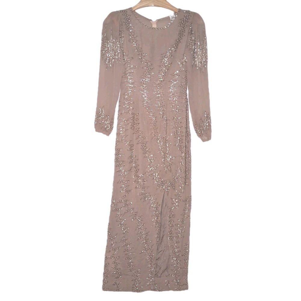 Beaded Full Length Silk Embellished Dress Gown Size 6 Taupe Wedding Awards Night
